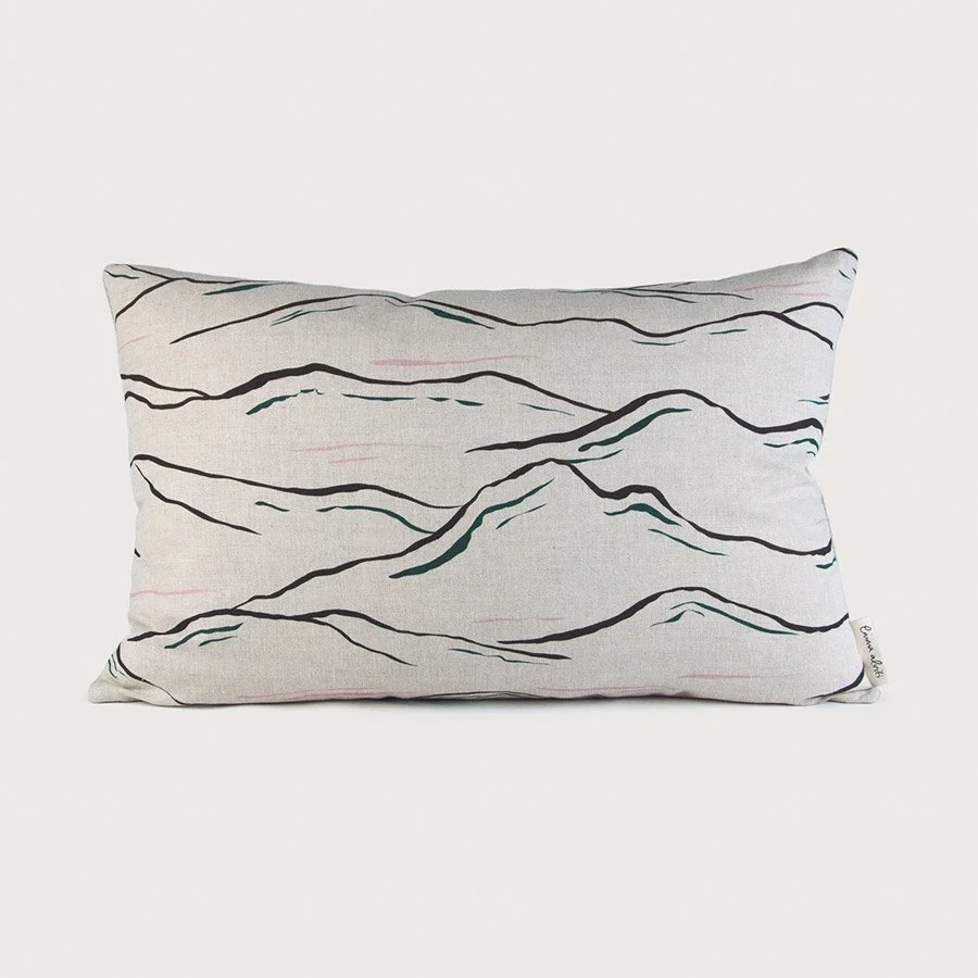 Mountainscape Natural Linen Fabric as a patterned cushion