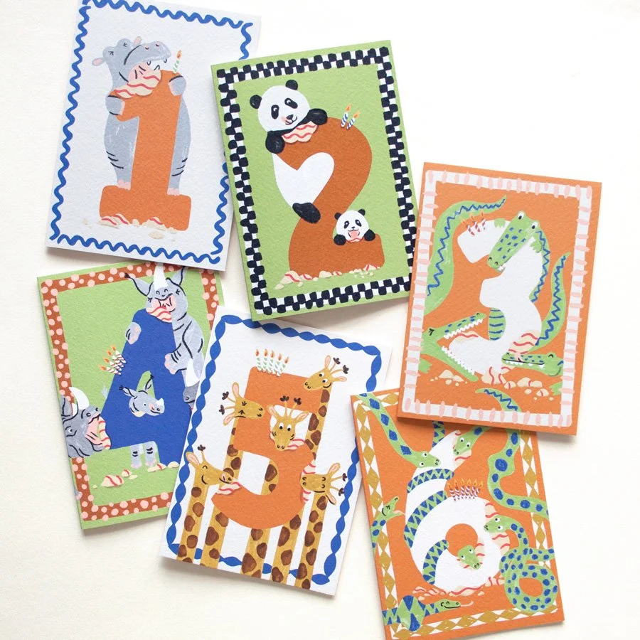 Hungry Animals 1st - 6th Birthday Card Set – 6 Children's Cards on plain background