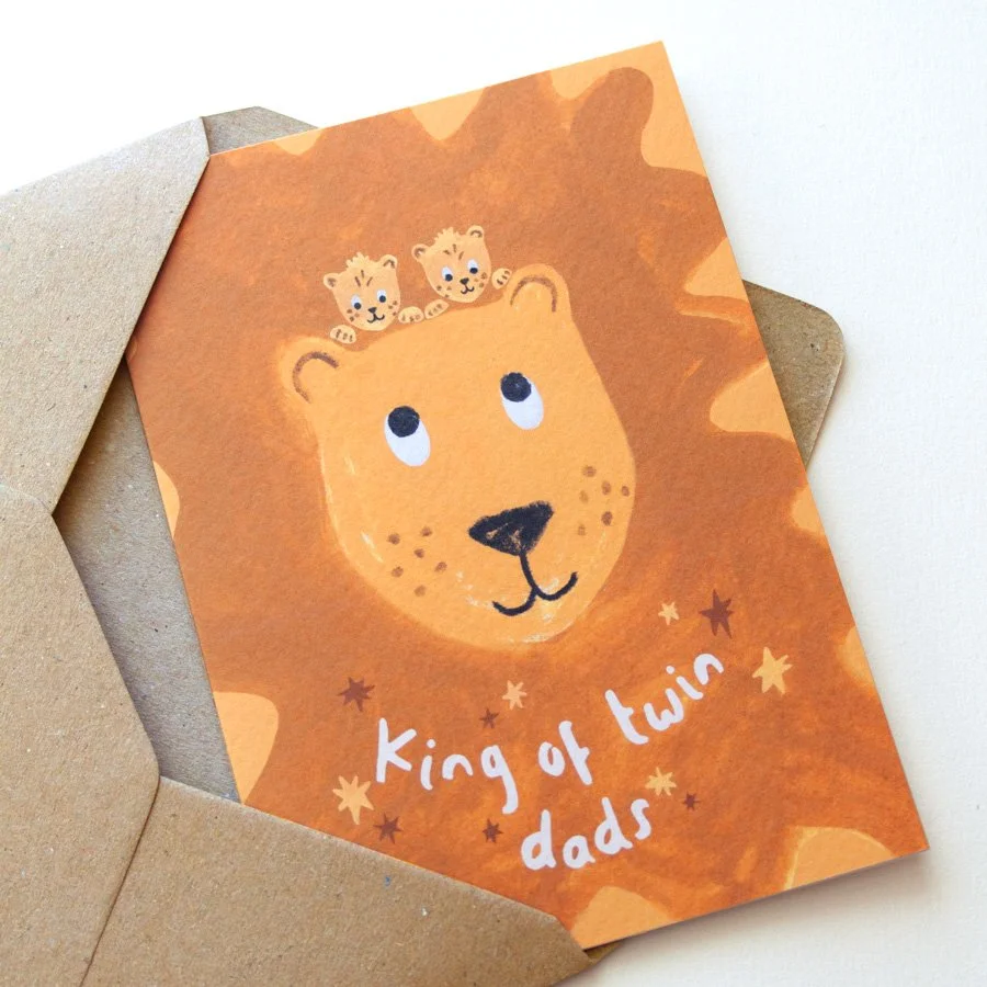 Lion Father's Day Card for Twin Dad - King of Twin Dads in kraft envelope on angle