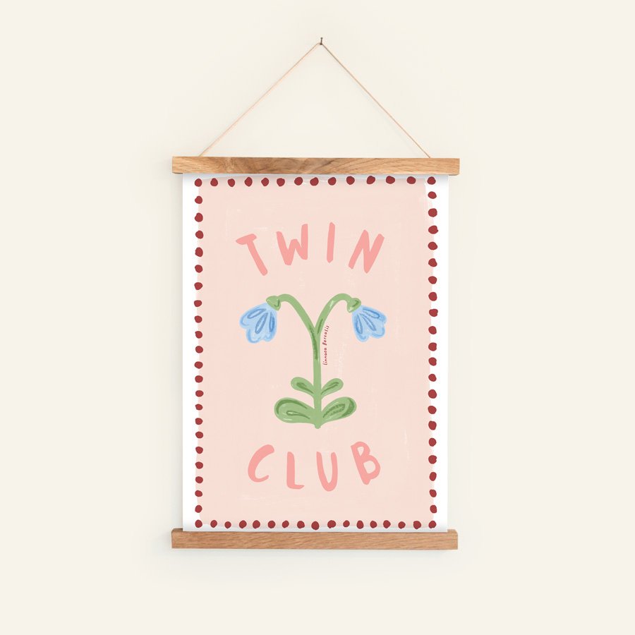 Twin Flower Twin Nursery Print vintage pink / burgundy in hanging frame
