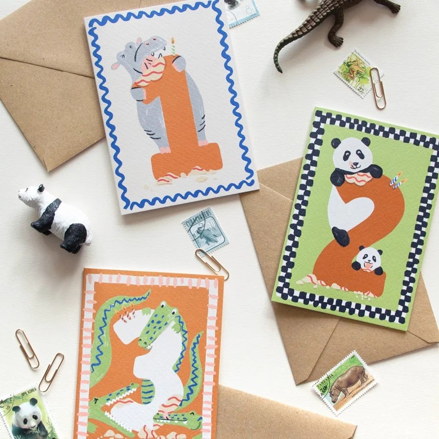 Hungry animal numbered birthday cards ages 1-3 styled