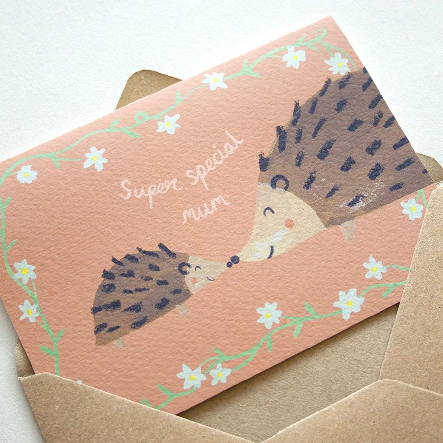 Hedgehog Mother's Day Card in kraft envelope on angle