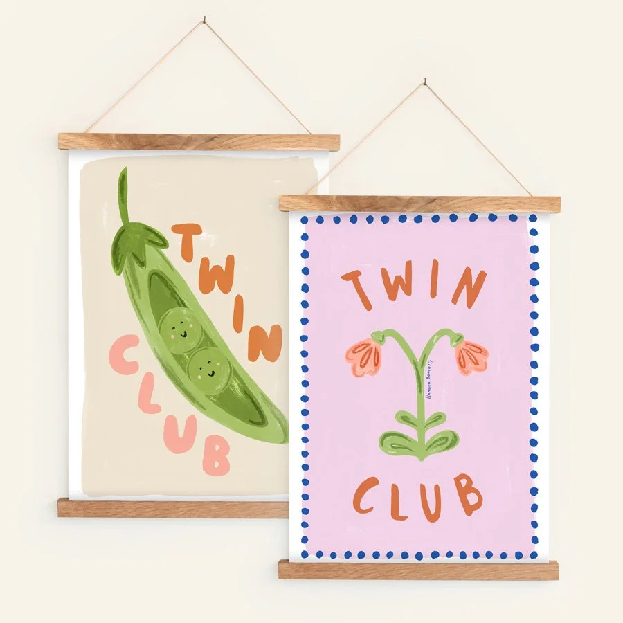 Peas and Flower Twin Nursery Print Set in orange / pink / lilac in hanging wooden poster frames