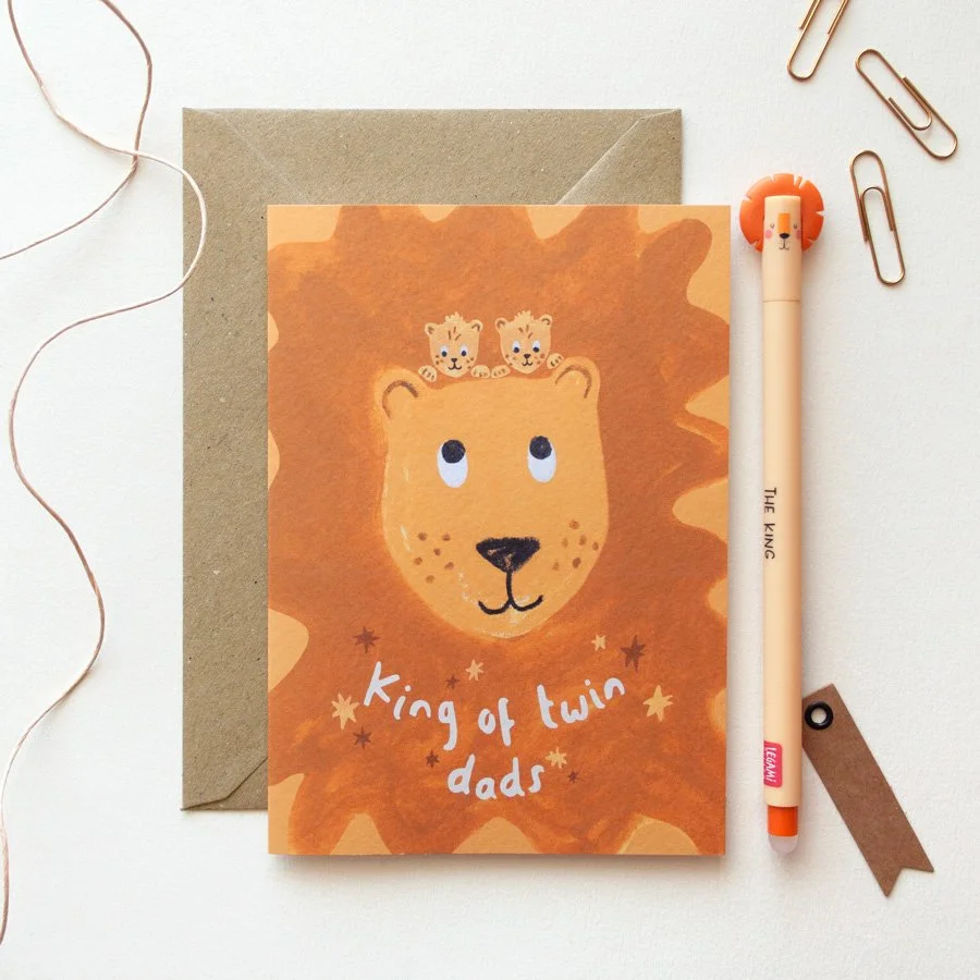 Lion Father's Day Card for Twin Dad - King of Twin Dads styled with lion pen and paperclips