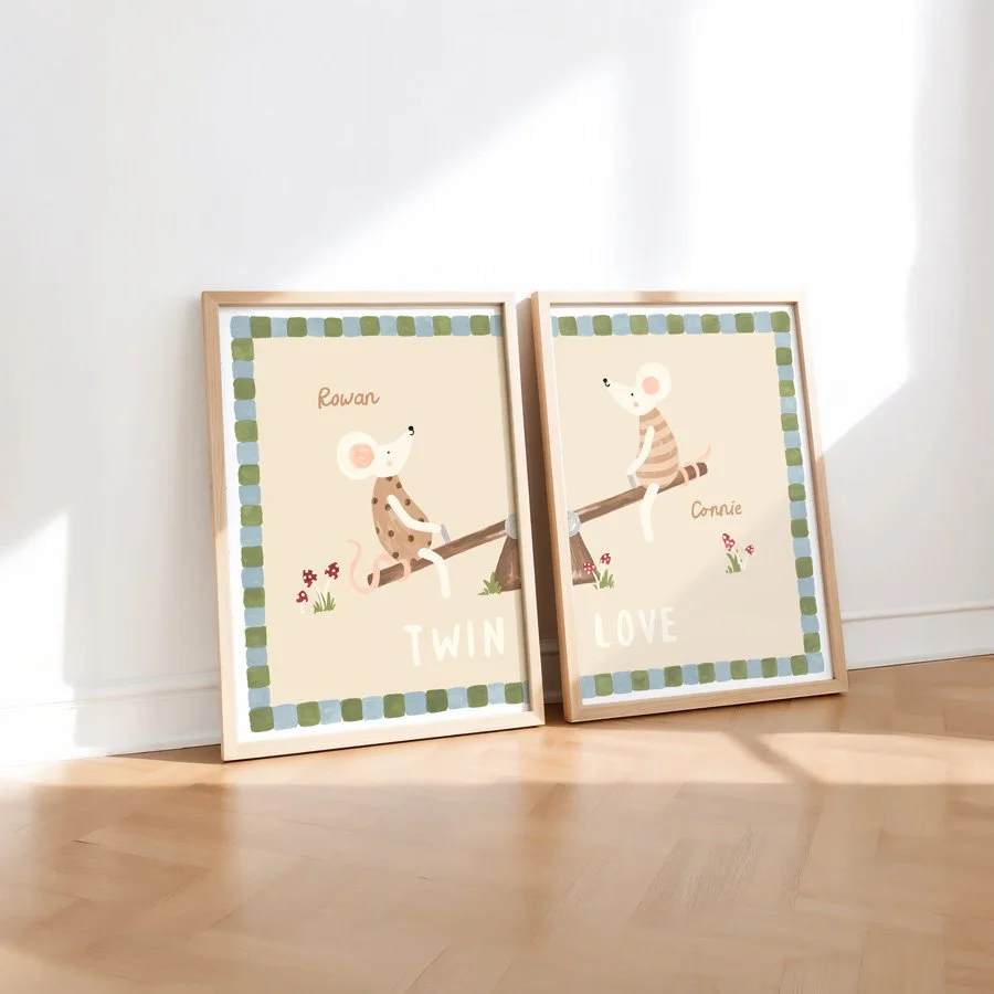 Personalised Twin Print Set blue and green in wooden frames against wall