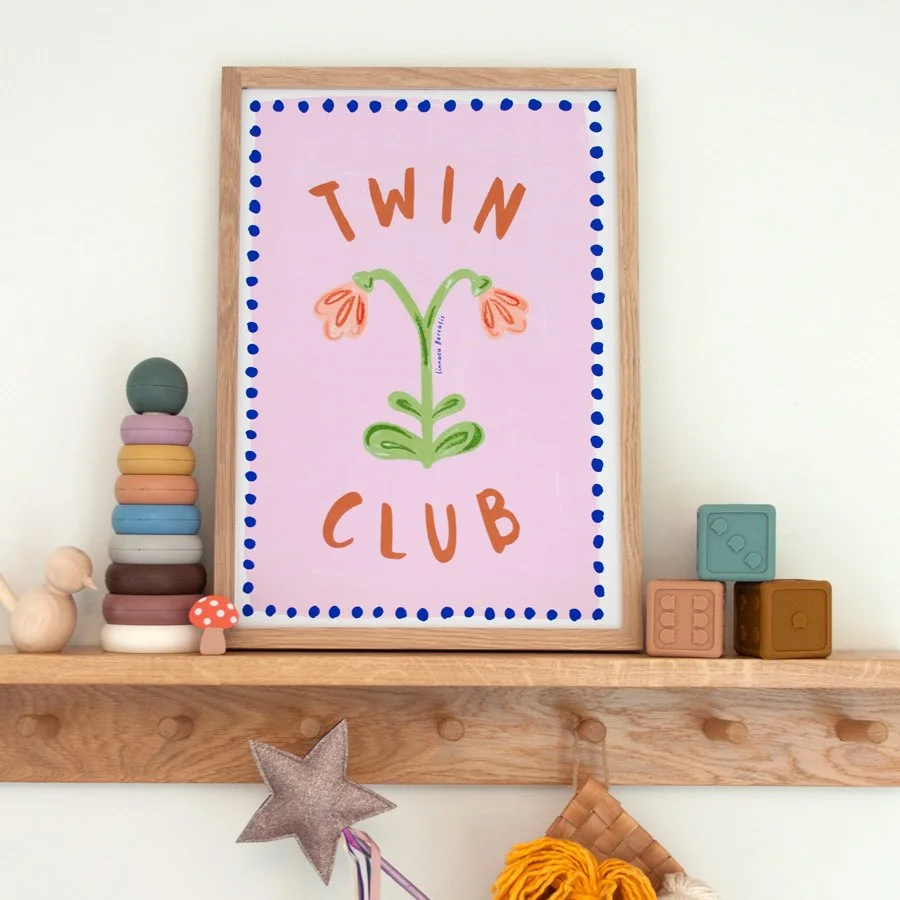 Twin Flower print in lilac and cobalt styled on wooden peg shelf