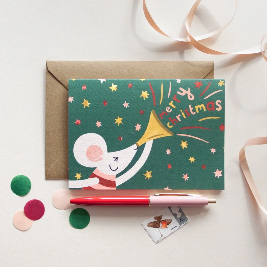 Christmas Cheer Mouse Card styled with confetti and red and pink pen