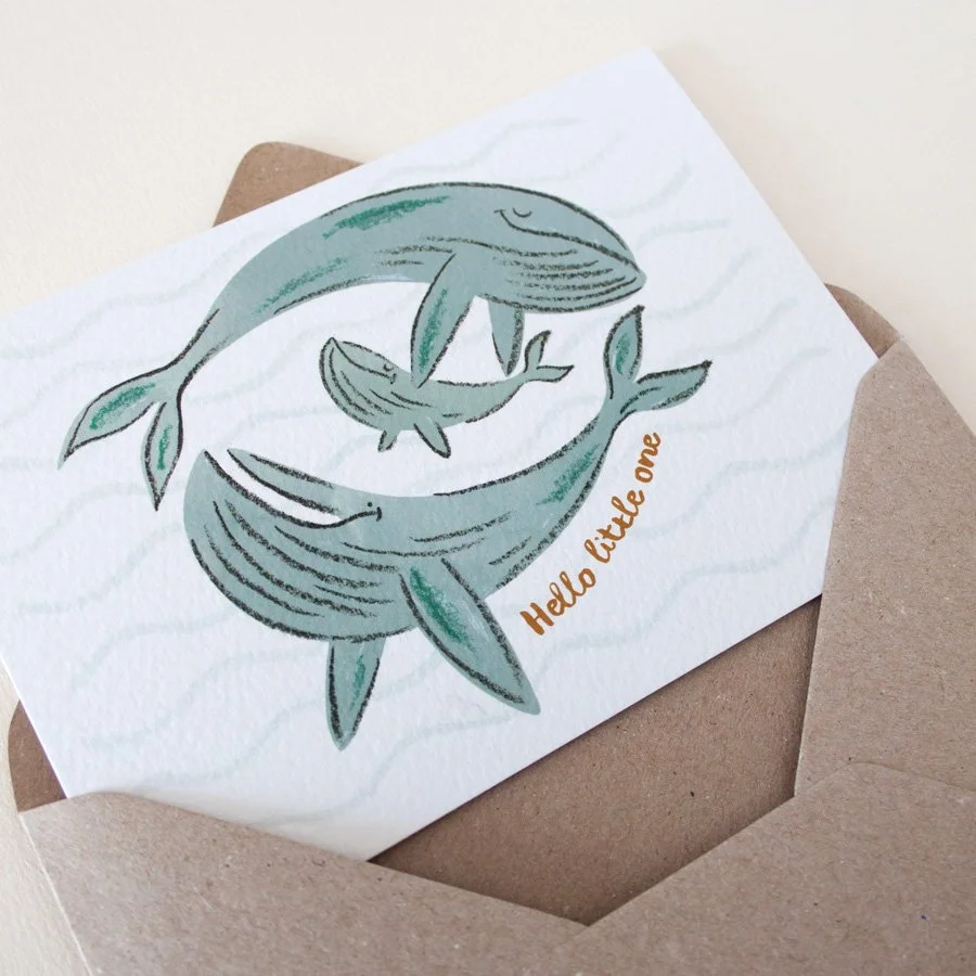 Whales new baby card in kraft envelope