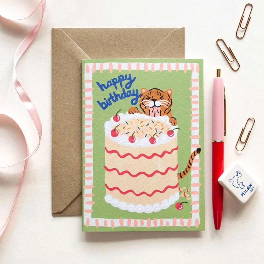Hungry Tiger Birthday Card styled with ribbon and red and pink pen