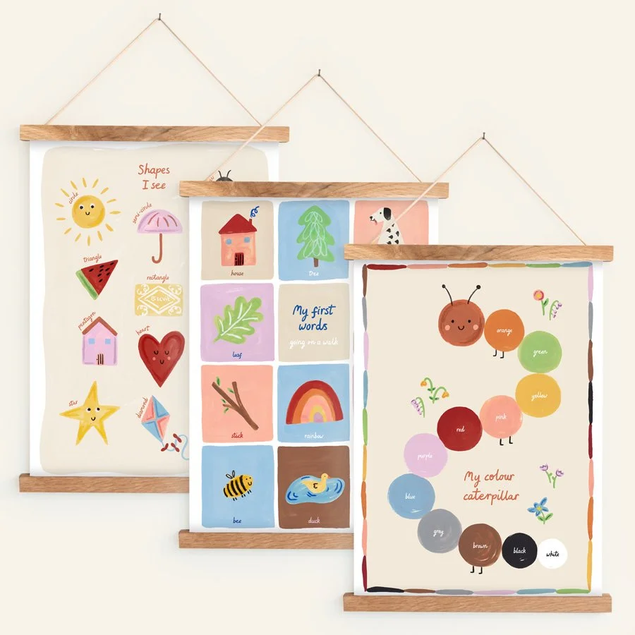 Educational Nursery Print Set of 3 in hanging wooden frames