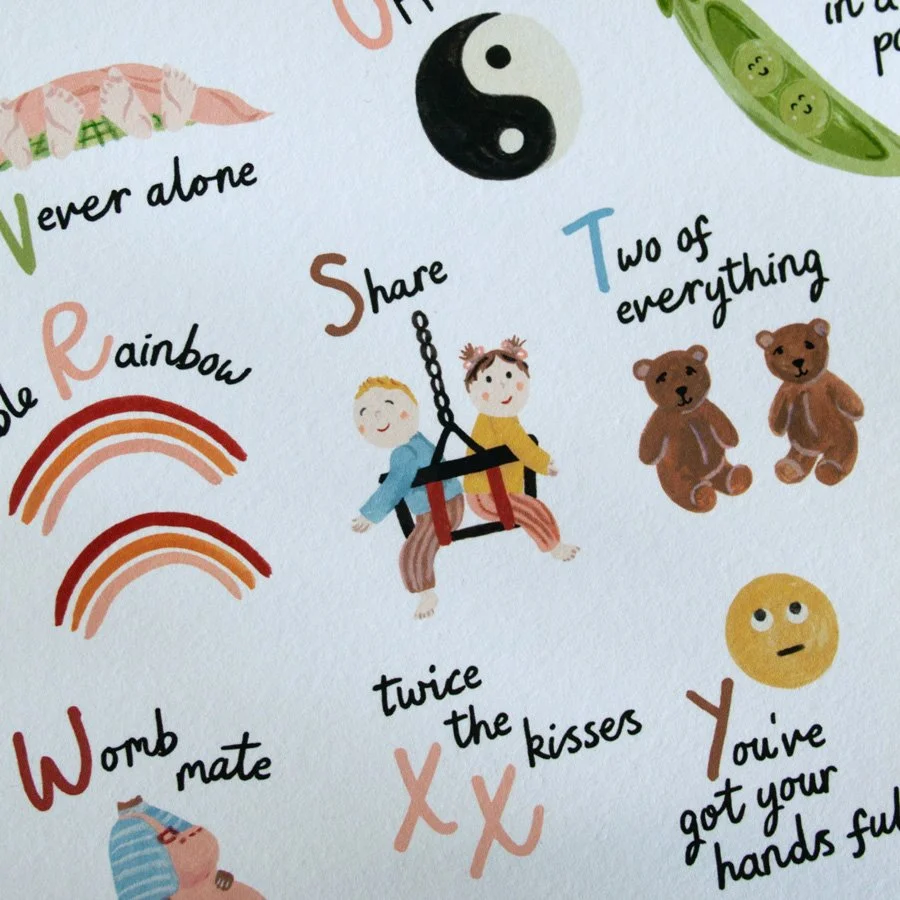Twin Alphabet Print close up of 'share' featuring two twins in a swing together