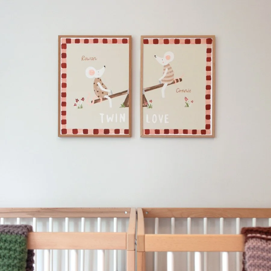 Personalised Twin Print Set styled above twin cots