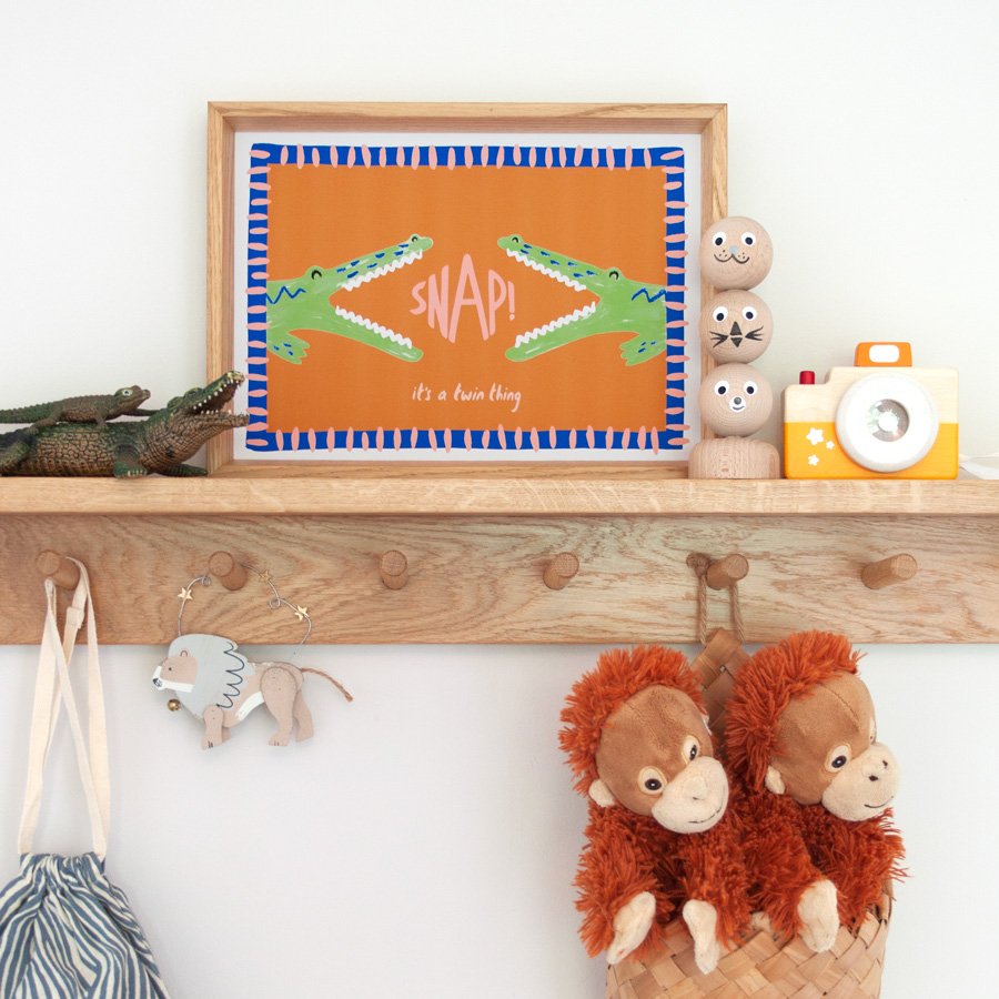 Crocodiles Twin Nursery Print styled in colourful twin nursery