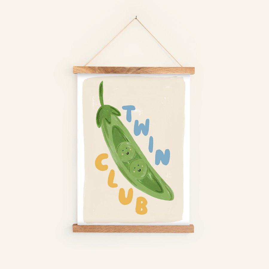 Peas in a Pod Twin Nursery Print Blue / Yellow in hanging frame