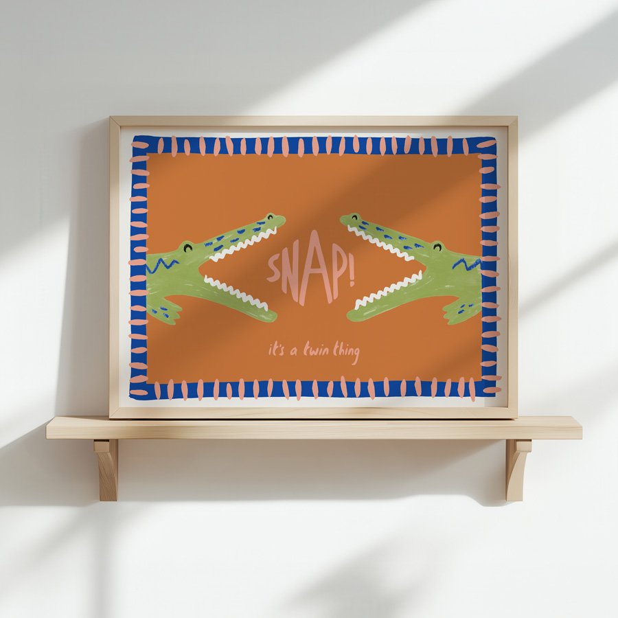 Crocodiles Twin Nursery Print cobalt / orange on shelf