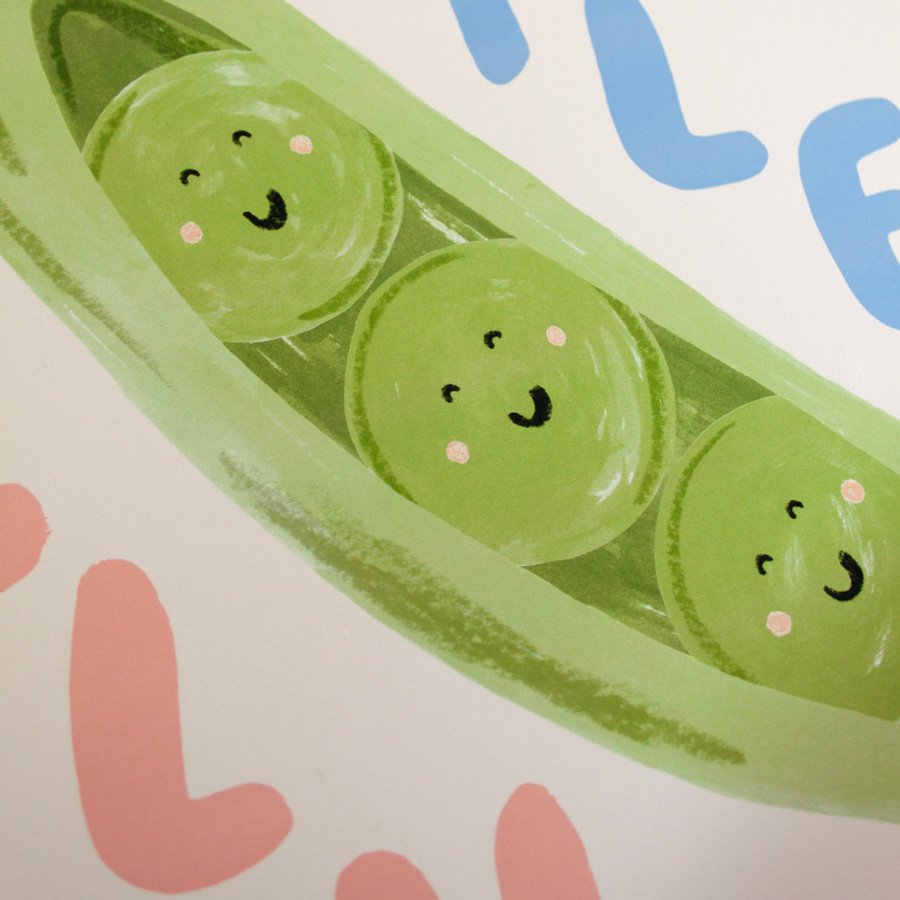 Little Em peas in a pod triplet nursery wall art print close up of peas