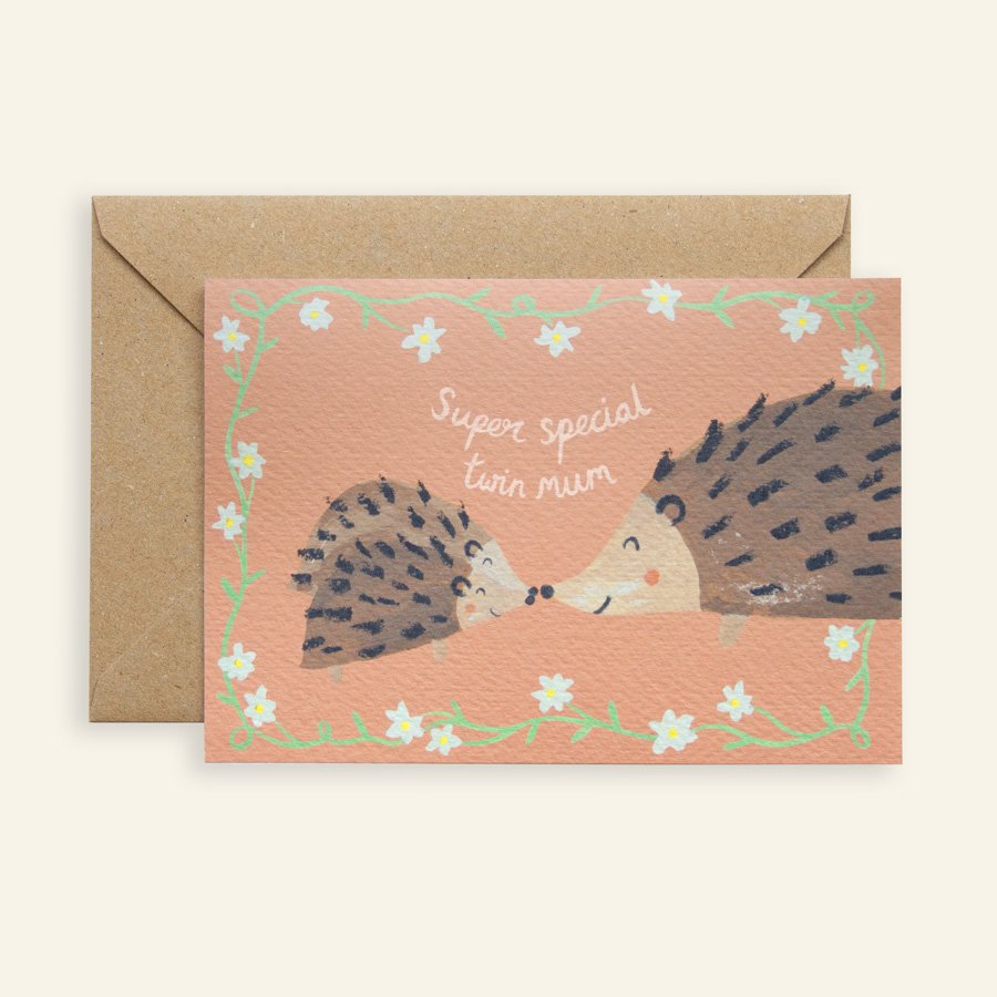 Hedgehog Twin Mother's Day Card on plain background