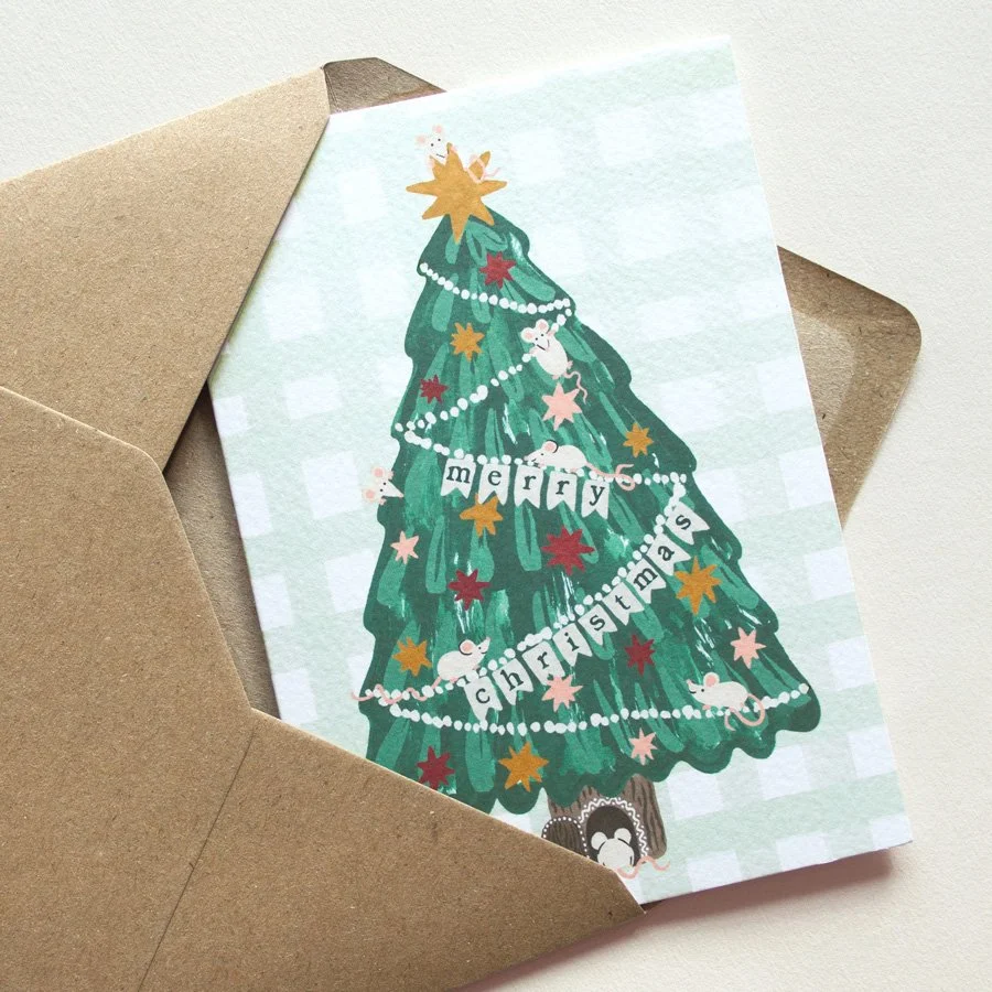 Mice Christmas Card in kraft envelope on angle