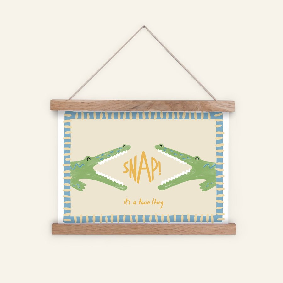 Crocodiles Twin Nursery Print vintage blue / yellow in hanging frame