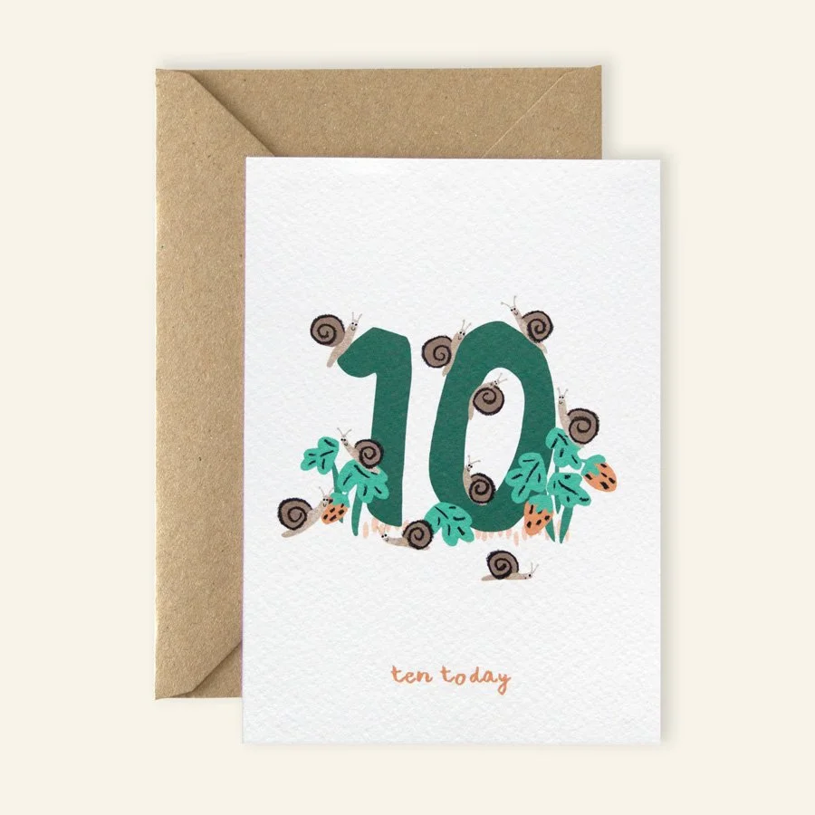 Snails 10th Birthday Card on plain background