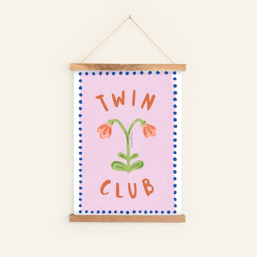 Twin Flower Twin Nursery Print lilac / cobalt in hanging frame