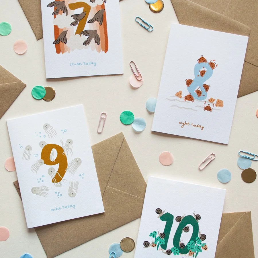 seventh birthday card, eighth birthday card, ninth birthday card and tenth birthday card