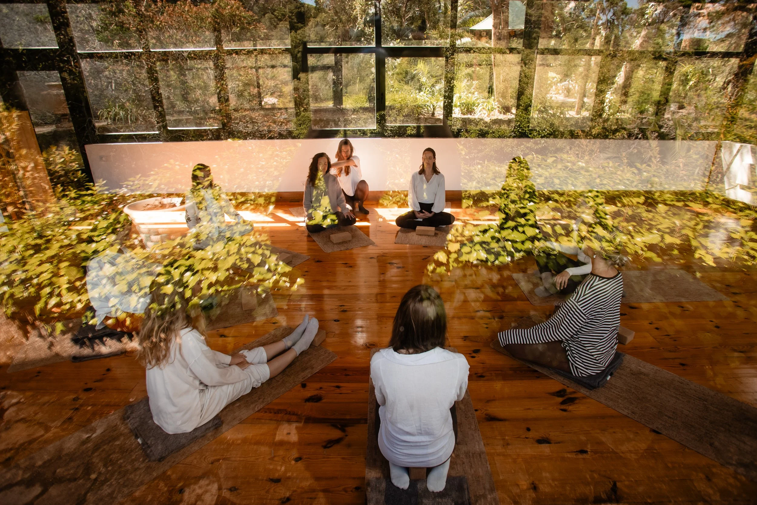 People practicing yoga or meditation in a sunlit room with large windows and greenery outside, sitting cross-legged on mats.