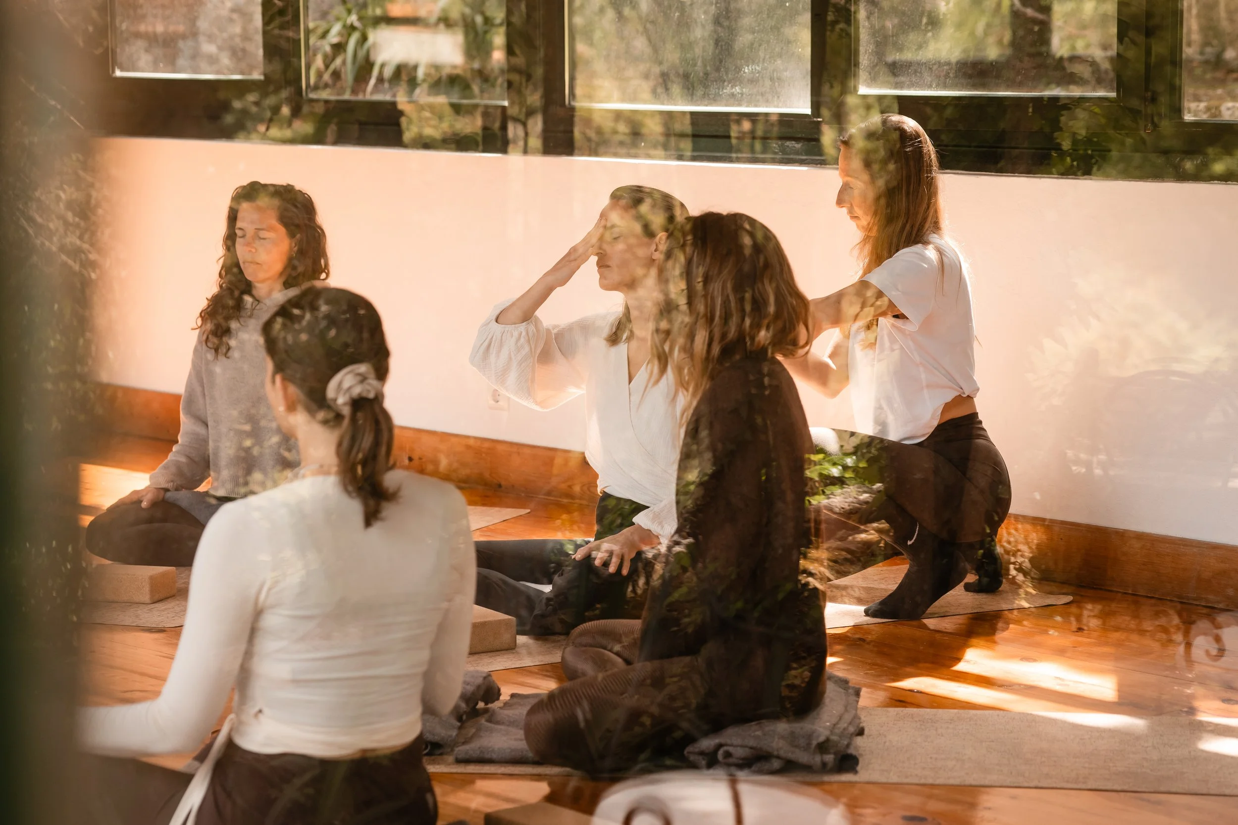People practicing meditation outdoors, sitting cross-legged on rocks with eyes closed, some with hands on their foreheads, in a sunlit setting near windows surrounded by nature.