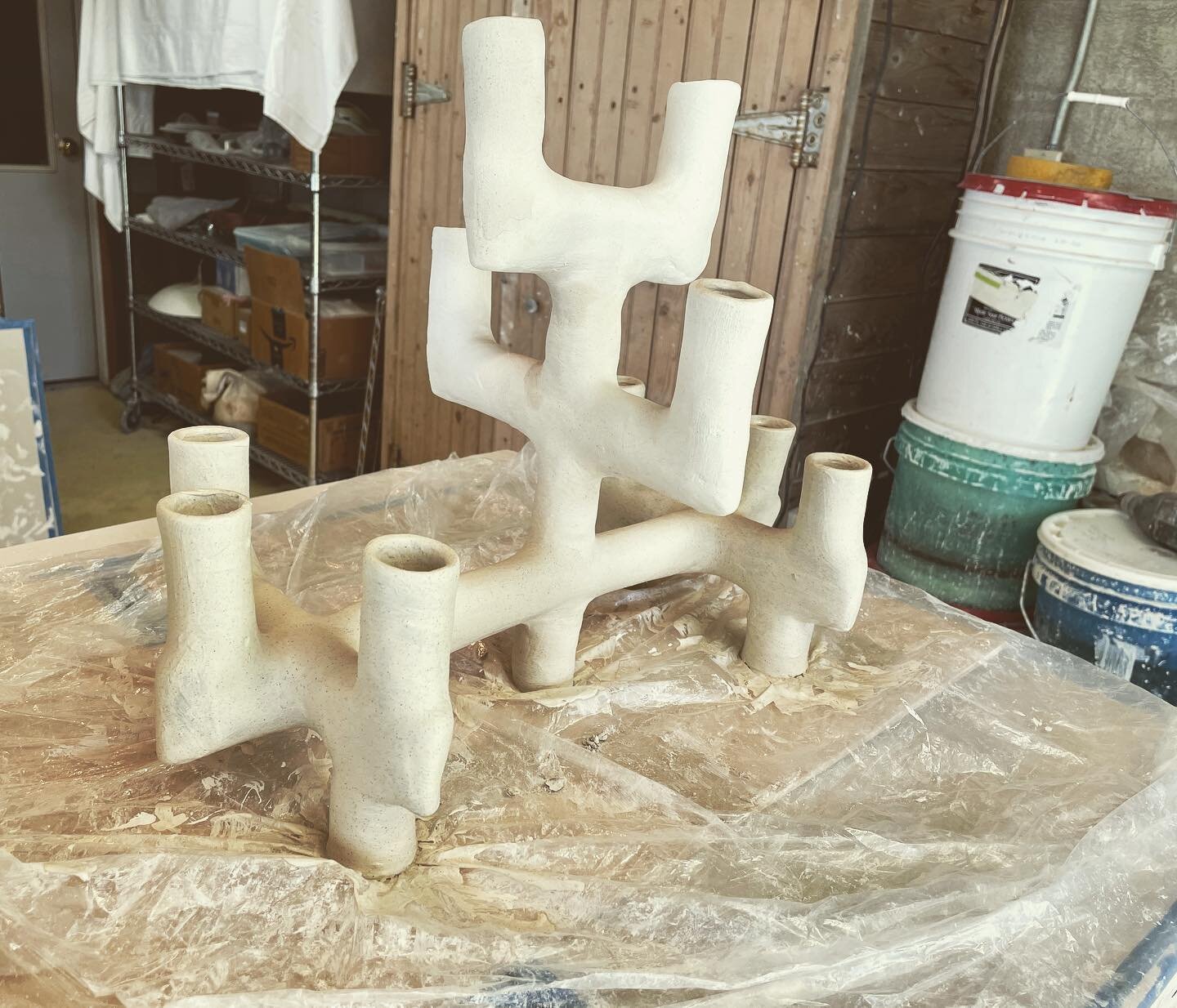 I've been wanting to do this for a while now and it's finally my table.  A 10 lite Candelabra...stay tuned, it still has to survive the firings 🫣  #wipwednesday  #art #artwork #ceramics #ceramicart #ceramicartists #ceramicartwork  #contemporaryceram