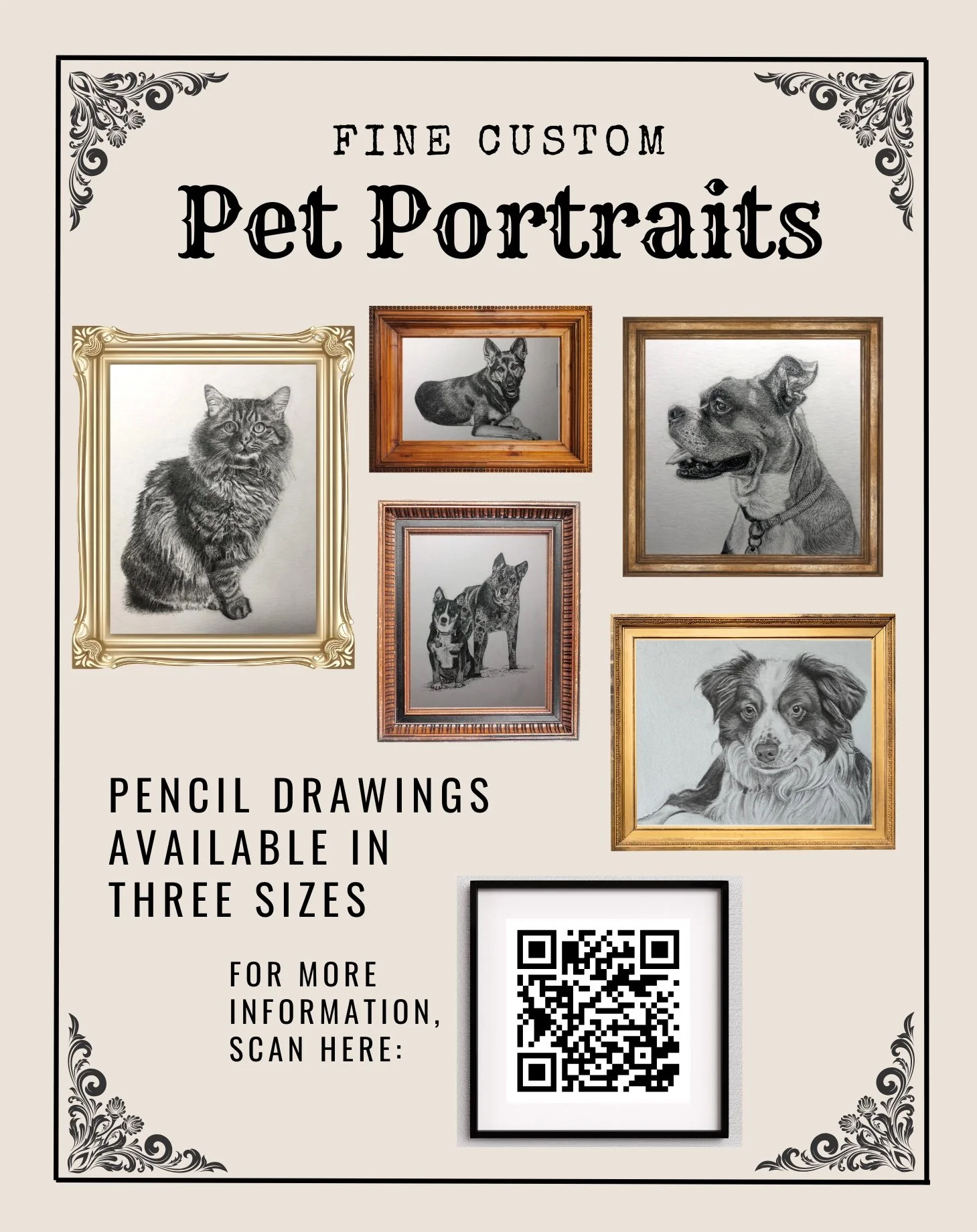 Advertisement for fine custom pet portraits featuring pencil drawings of various pets in ornate frames, with a QR code for more information.