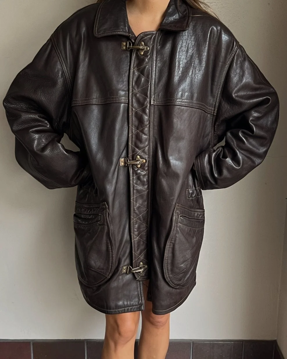 00’s archive MASCULO leather coat ダッフル 70s Vintage Leather Black Double-breasted/coat/jacket/ibruk