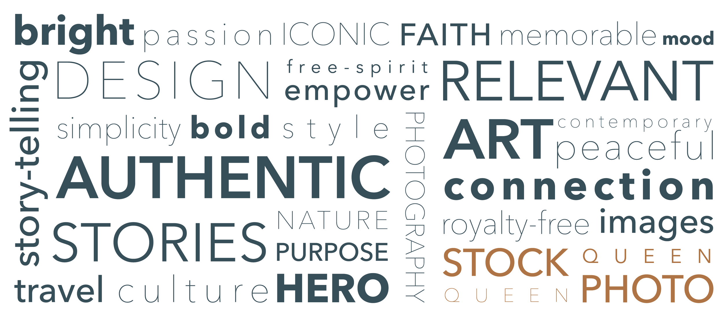 A word cloud with words related to art, culture, and storytelling such as 'authentic,' 'art,' 'stories,' 'passion,' 'design,' 'bold,' 'relevant,' 'connection,' 'peaceful,' 'purpose,' 'hero,' 'travel,' 'culture,' 'street,' 'quench,' 'stock,' 'photo,' 'images,' 'storytelling,' 'sight,' 'contemporary,' 'nature,' 'royalty-free,' 'happy,' 'mood,' 'famous,' 'memorable,' 'bold,' 'style,' and 'bright.'