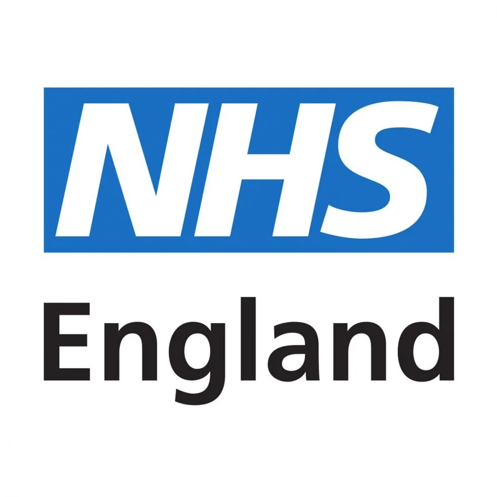 NHS England logo with white letters on a blue background above the word England in black text.