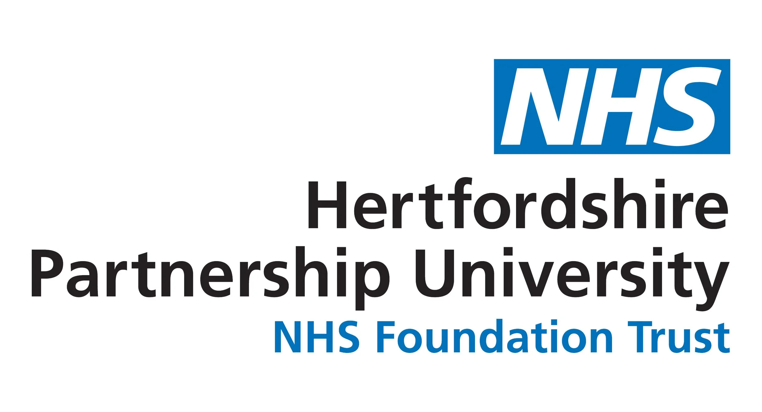 Logo of Hertfordshire Partnership University, NHS Foundation Trust with the NHS logo, featuring blue background and white letters.