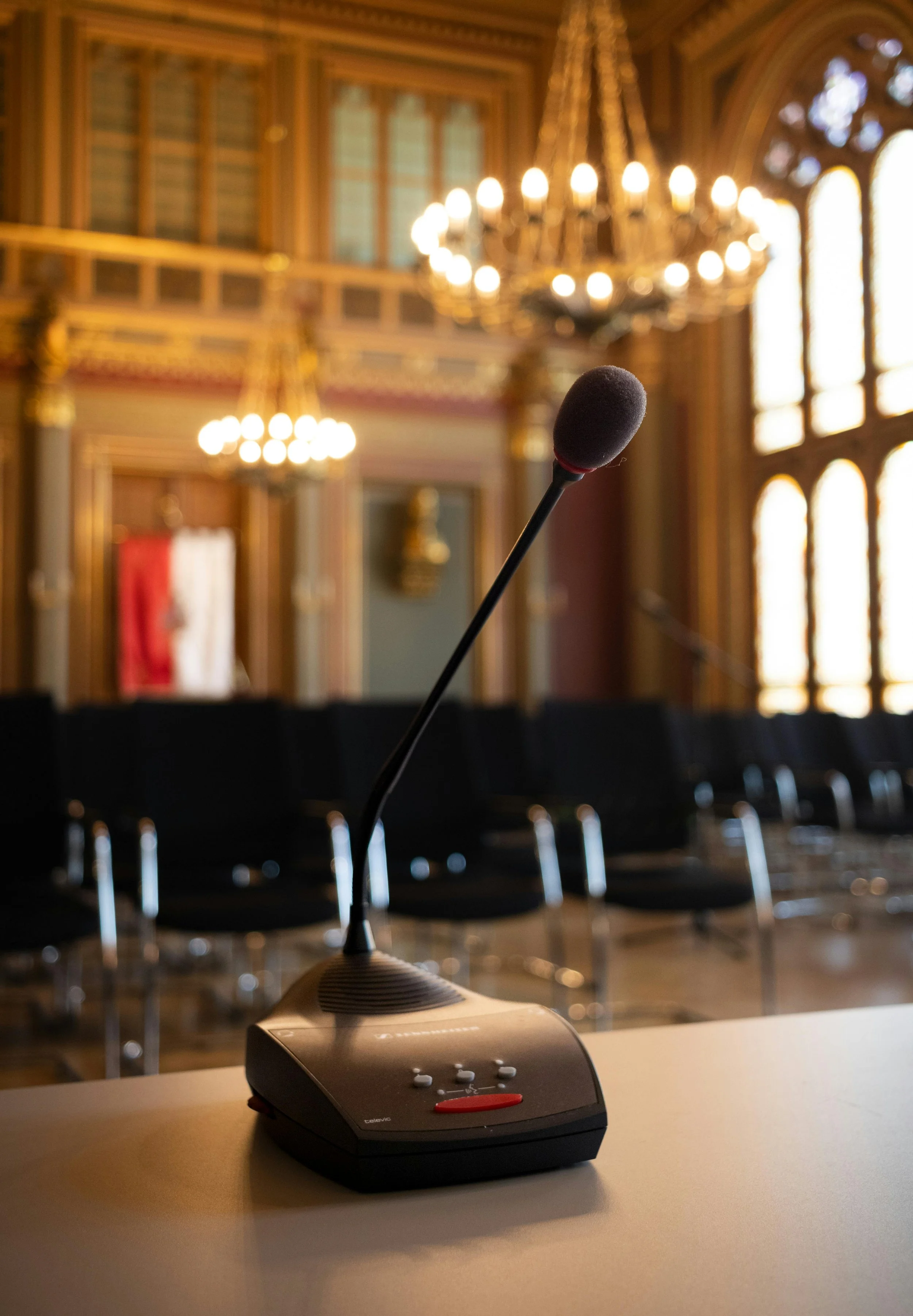 Image of a microphone at a conference