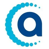 Blue lowercase letter 'a' surrounded by a dotted circular design