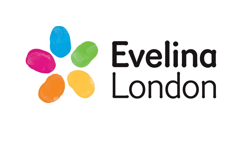 Colorful flower shape with five petals in pink, blue, green, orange, and yellow next to the text 'Evelina London' in black.