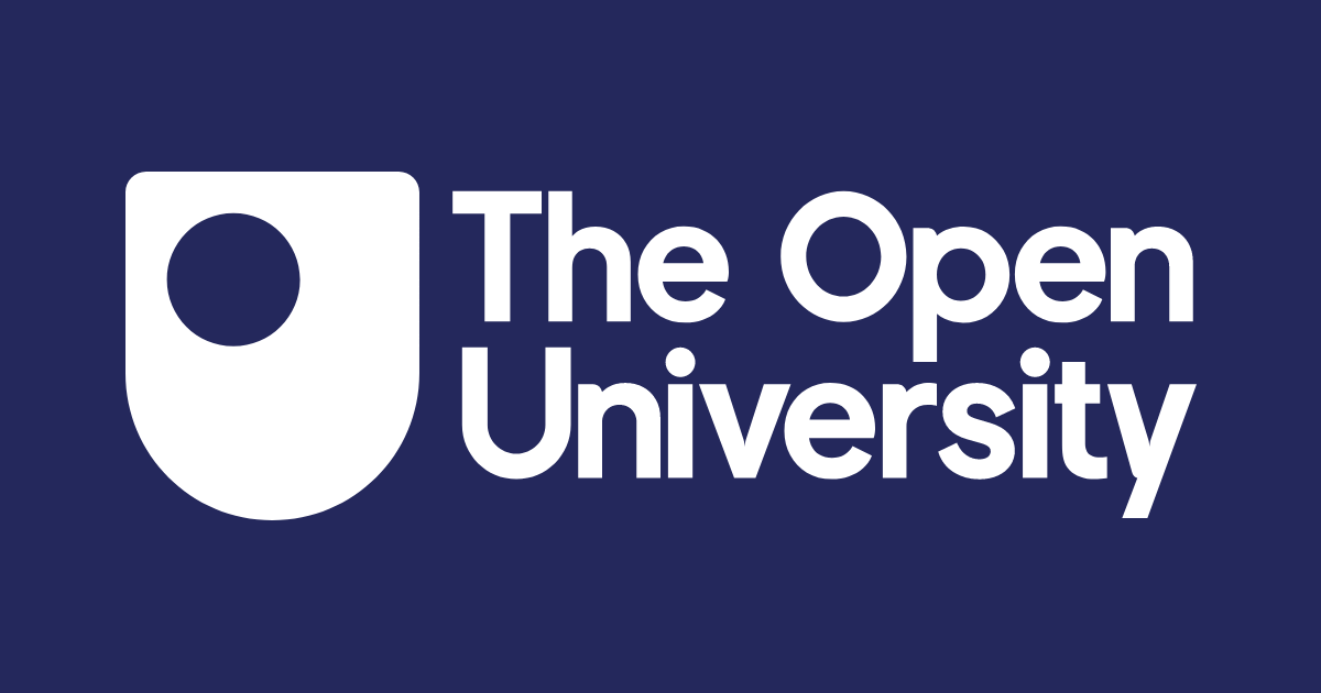 The logo of The Open University featuring a white abstract icon resembling a book or a shield on a dark blue background with the university's name.