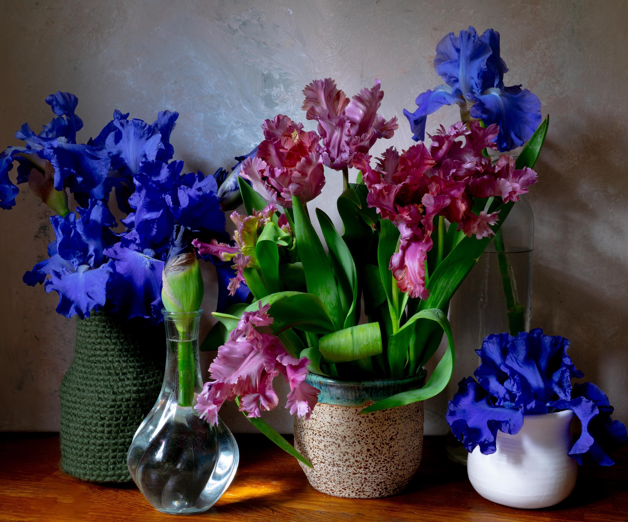 The weather may be unpredictable, but, every day is beautiful with frilly, frothy Spring flowers. Iris Mer du Sud and Tulipa Vovos&hellip; #stilllifeflowerphotography #nicheflorist #floraltherapy #springflowers #gardenflowers