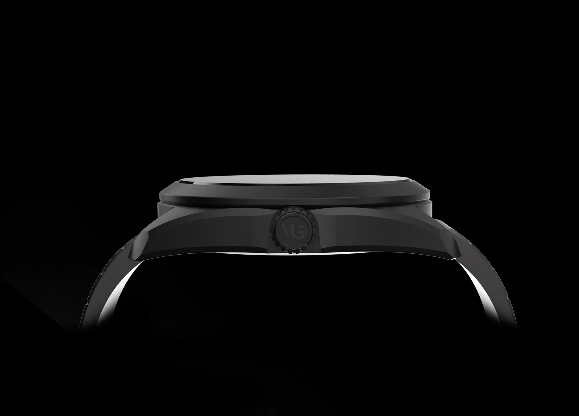 Close-up of a black smartwatch against a black background, showing the side view with a round dial and a knurled crown.