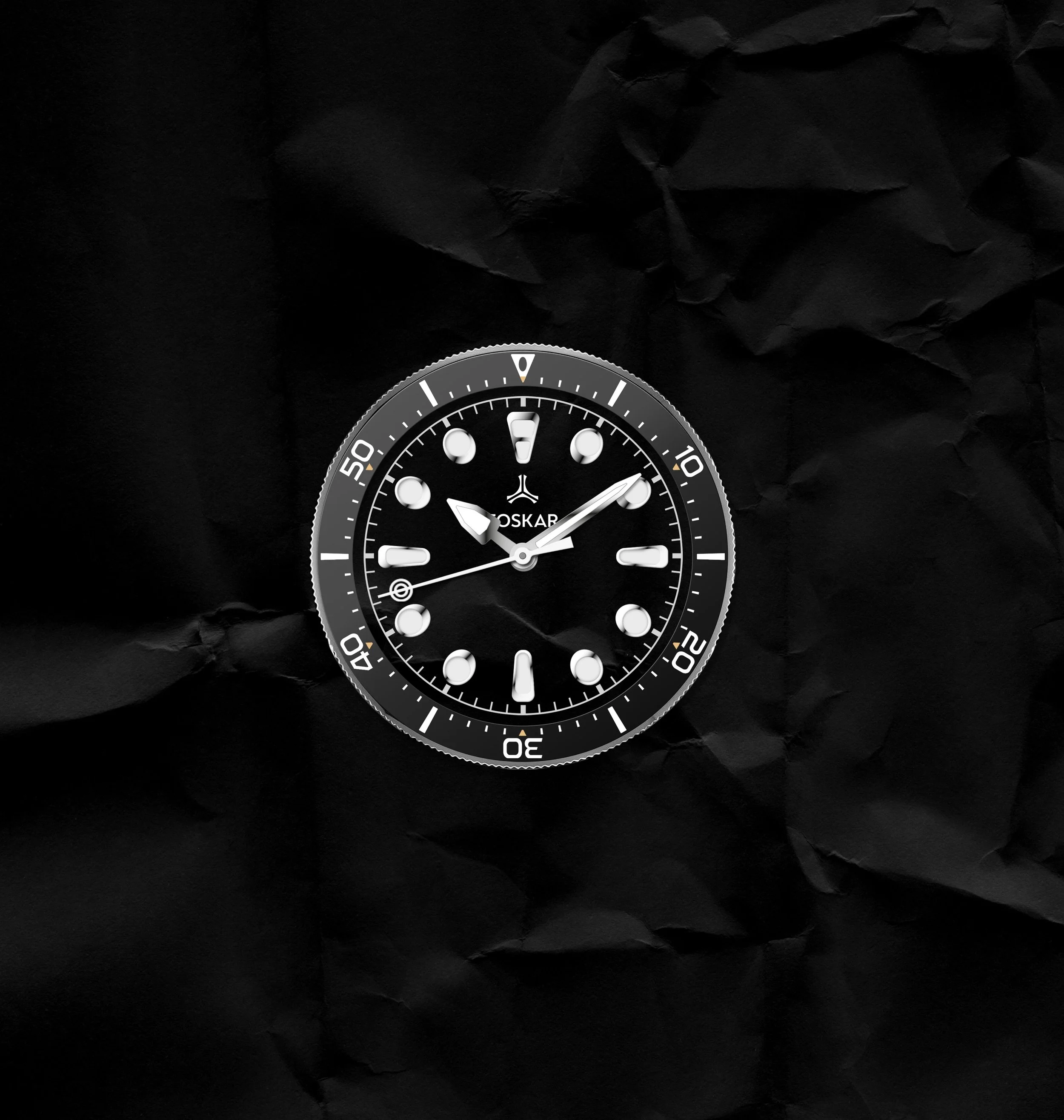 A black and white wristwatch with a round face, white markers, and hands, placed on crumpled black paper.