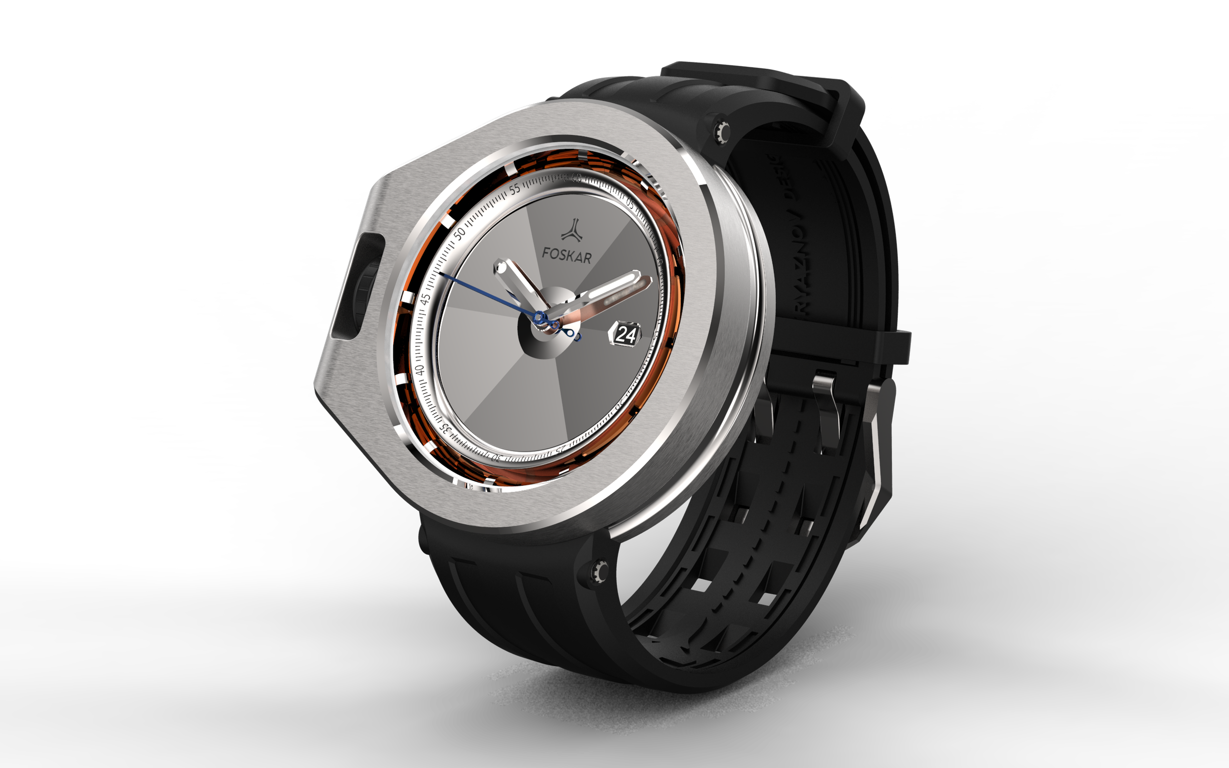 A modern wristwatch with a silver round case, grey dial, date window, and a black strap, displayed against a black background.