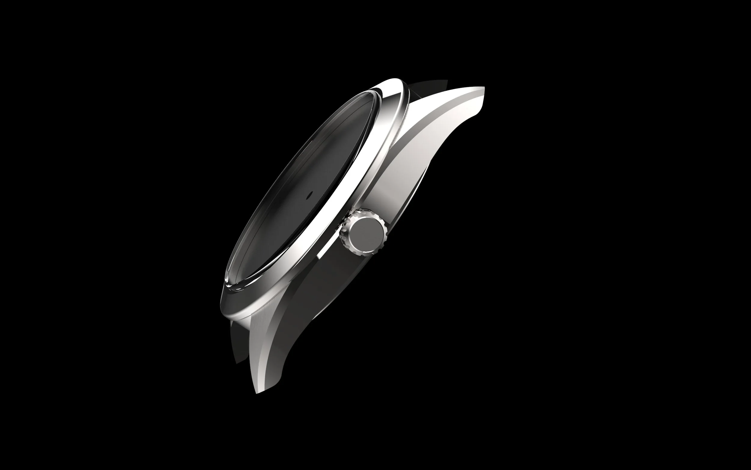 Close-up view of a modern smartwatch with a black screen and a silver band against a black background.