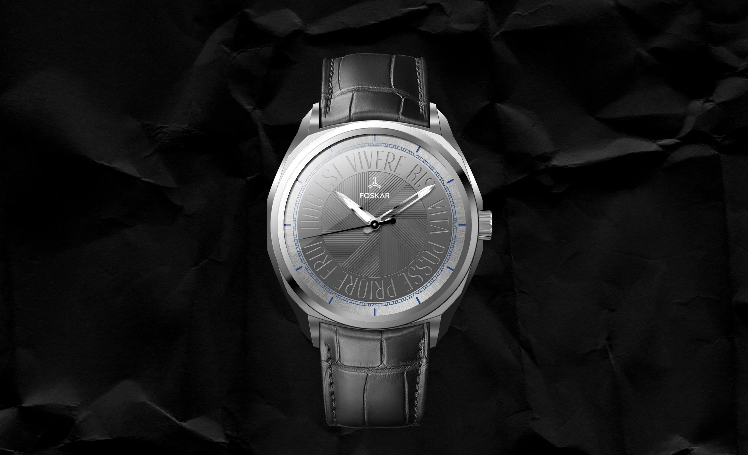 A wristwatch with a silver case, gray dial, and black leather strap, displaying the time with hour, minute, and second hands, and the brand name FOSKAR on the dial.