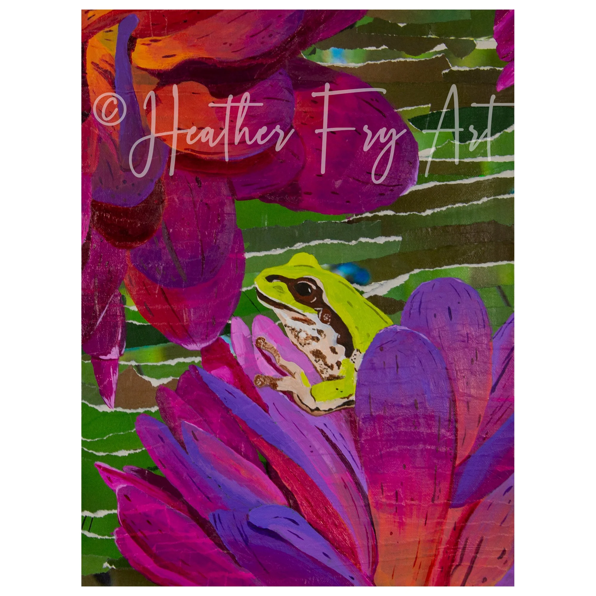 Froggy in the Flowers | Acrylic & Collage | 2026 | 12x16 | $225