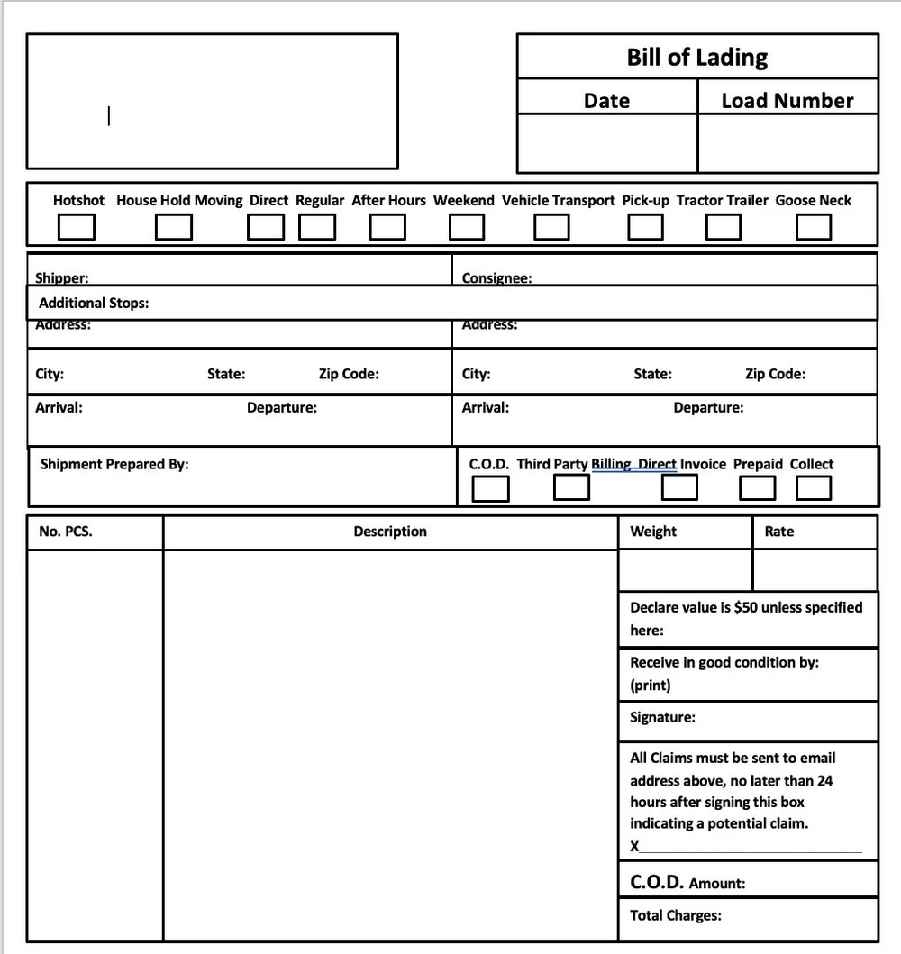 Bill Of Lading Printable Form