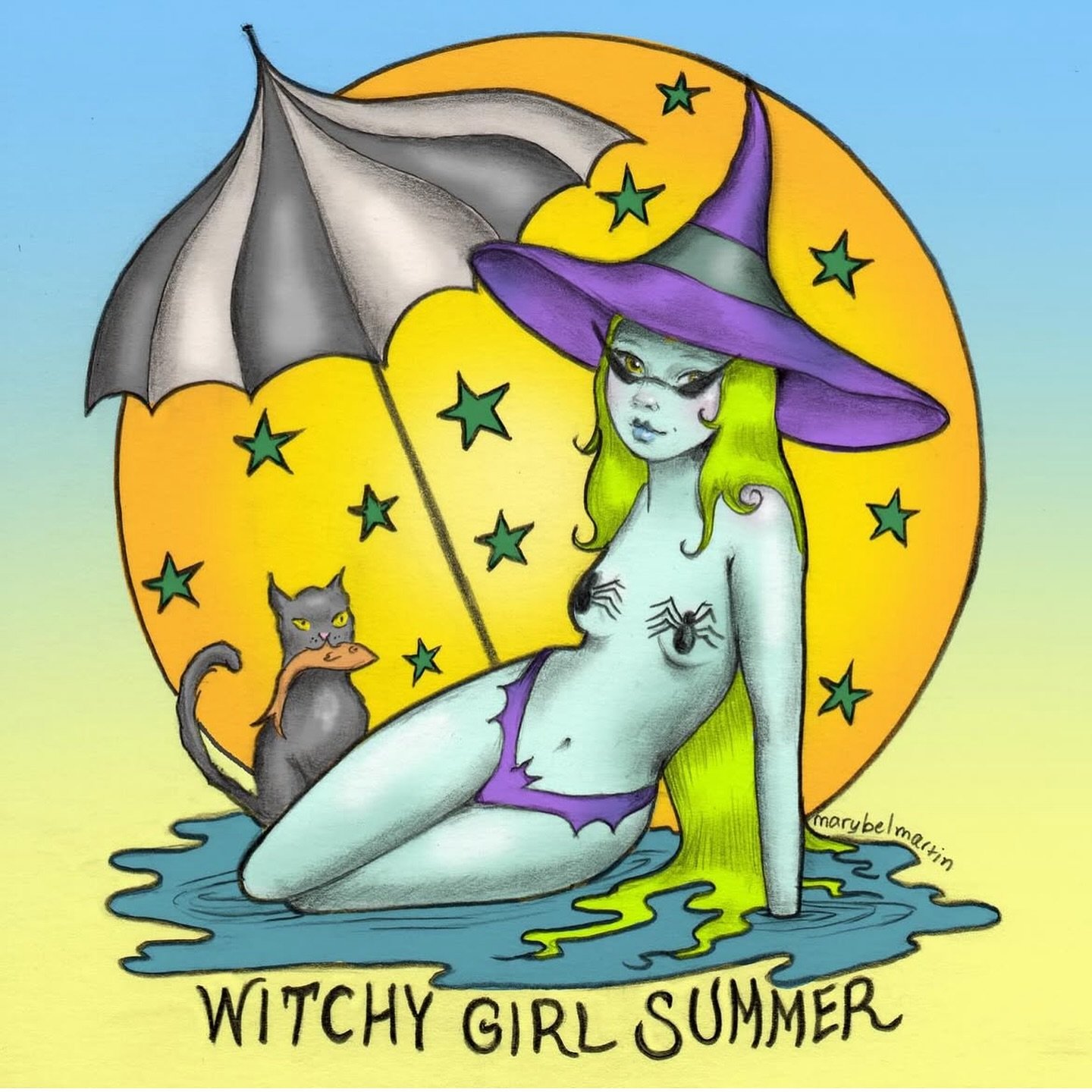 It&rsquo;s definitely going to be a witchy girl summer! 😎👙⛱️🌊🐈&zwj;⬛
.
.
.
.
#marybelmartin #witchy #witchywoman #witchysummer #witchyways #blackcatart #letsskiptohalloween #pdxartist #pnwsummer