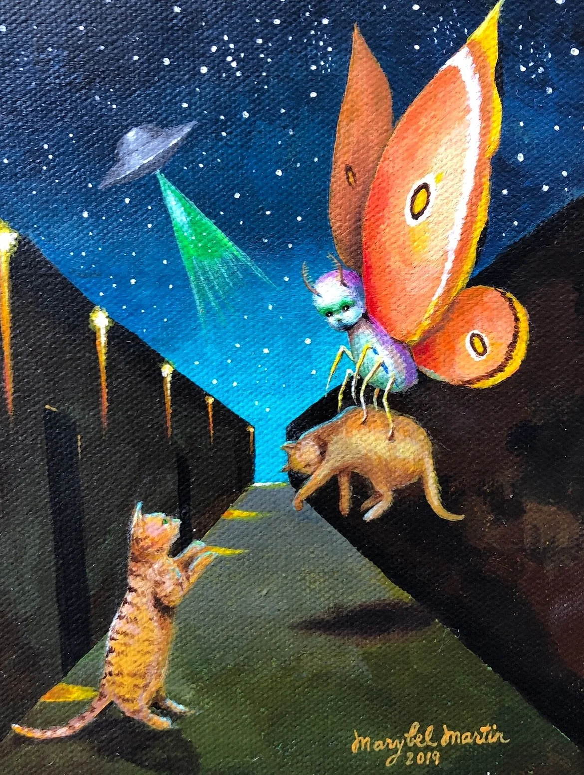 A stripper, theft and a stealth recovery operation are all connected to the story of these two paintings. These two pieces hung happily at @brassworksgallery &lsquo;s Alley Cat Show- until they mysteriously disappeared. Some time after they went miss