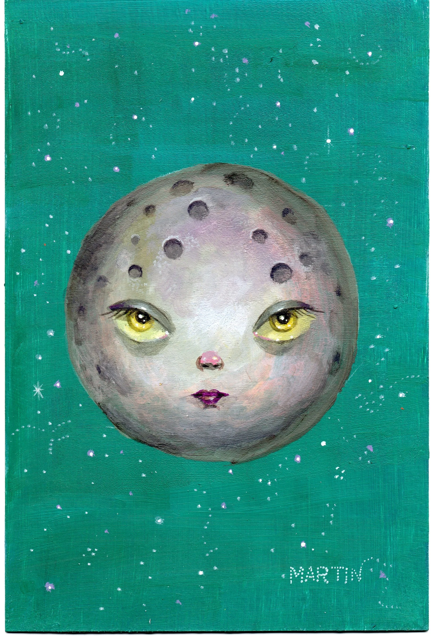 SOLD "Greetings from the Moon" 4x6" acrylic on card Brassworks Gallery 2024 Postcard Show