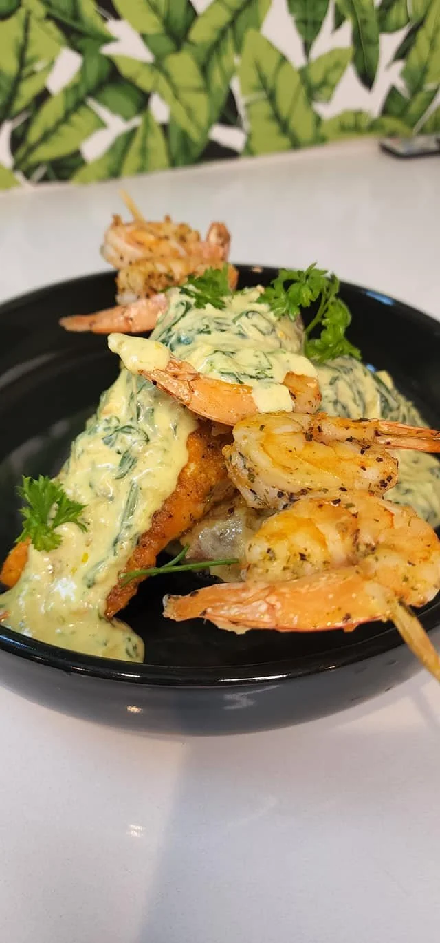 Stuffed Salmon, Smashed Potatoes and Shrimp